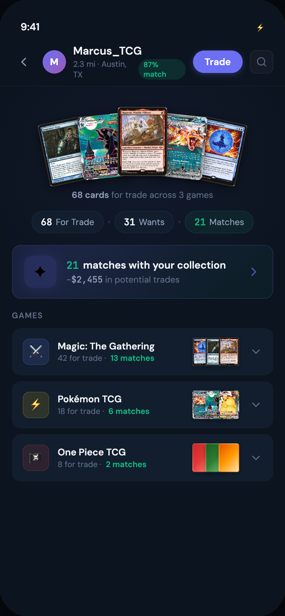 A shared TUKAR binder showing another trader's portfolio — cards for trade, wants, and matches with your collection