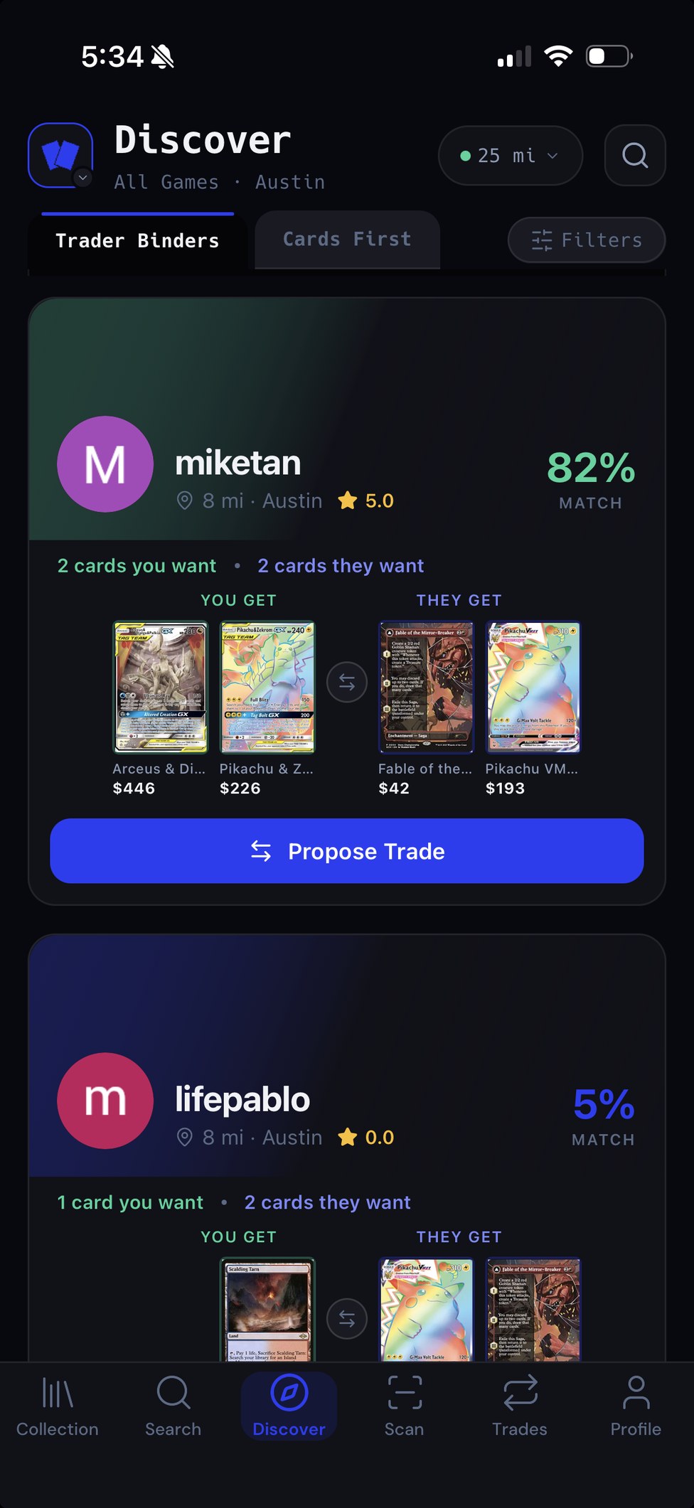 TUKAR discover feed showing nearby traders with match percentages and trade previews