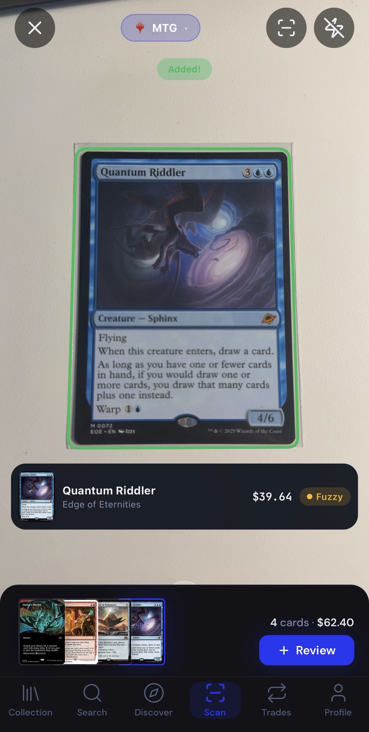 TUKAR scanning a real Magic card with the camera, showing an instant price match