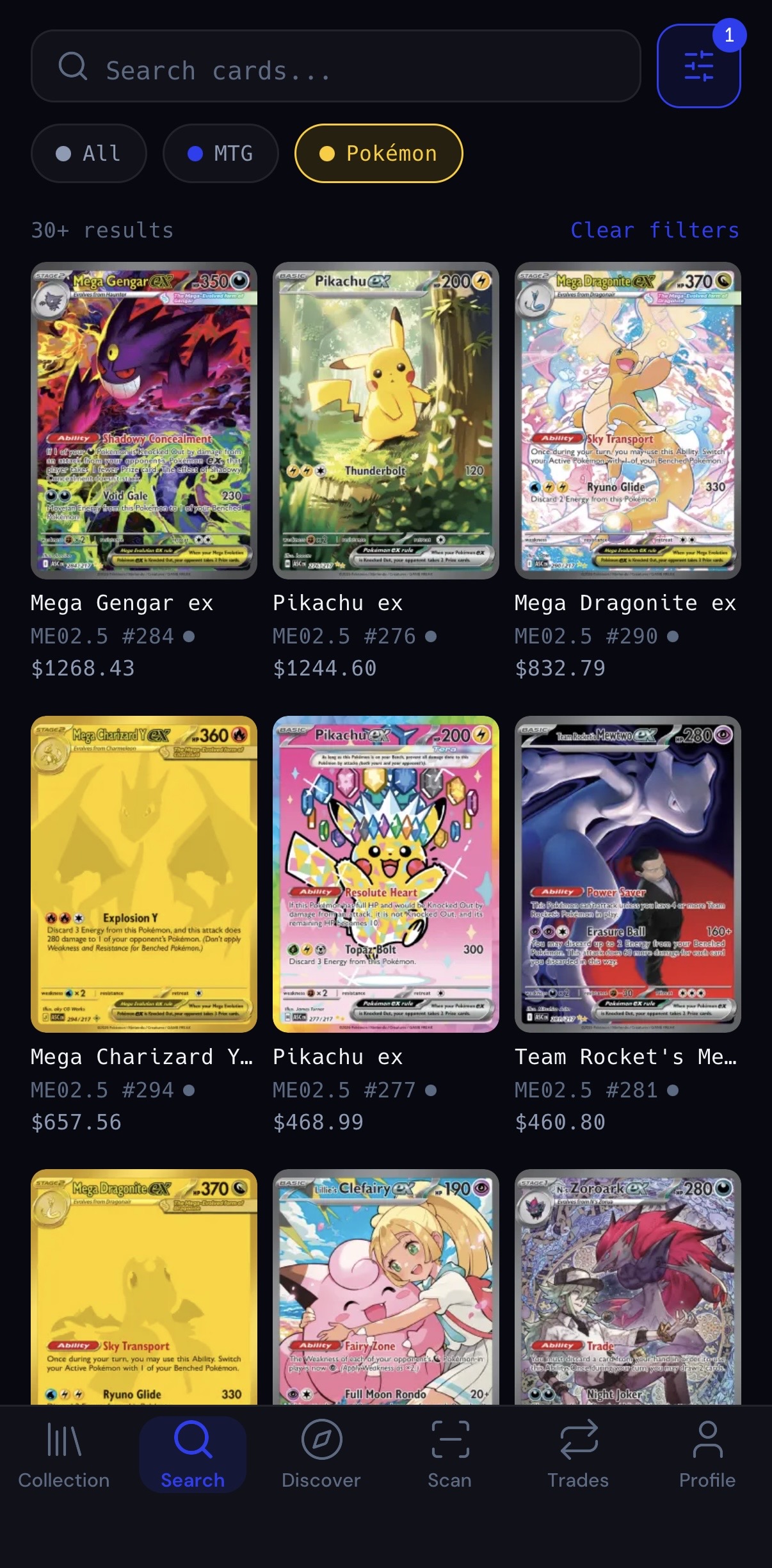 TUKAR card search filtered to Pokémon, showing a grid of cards with live prices