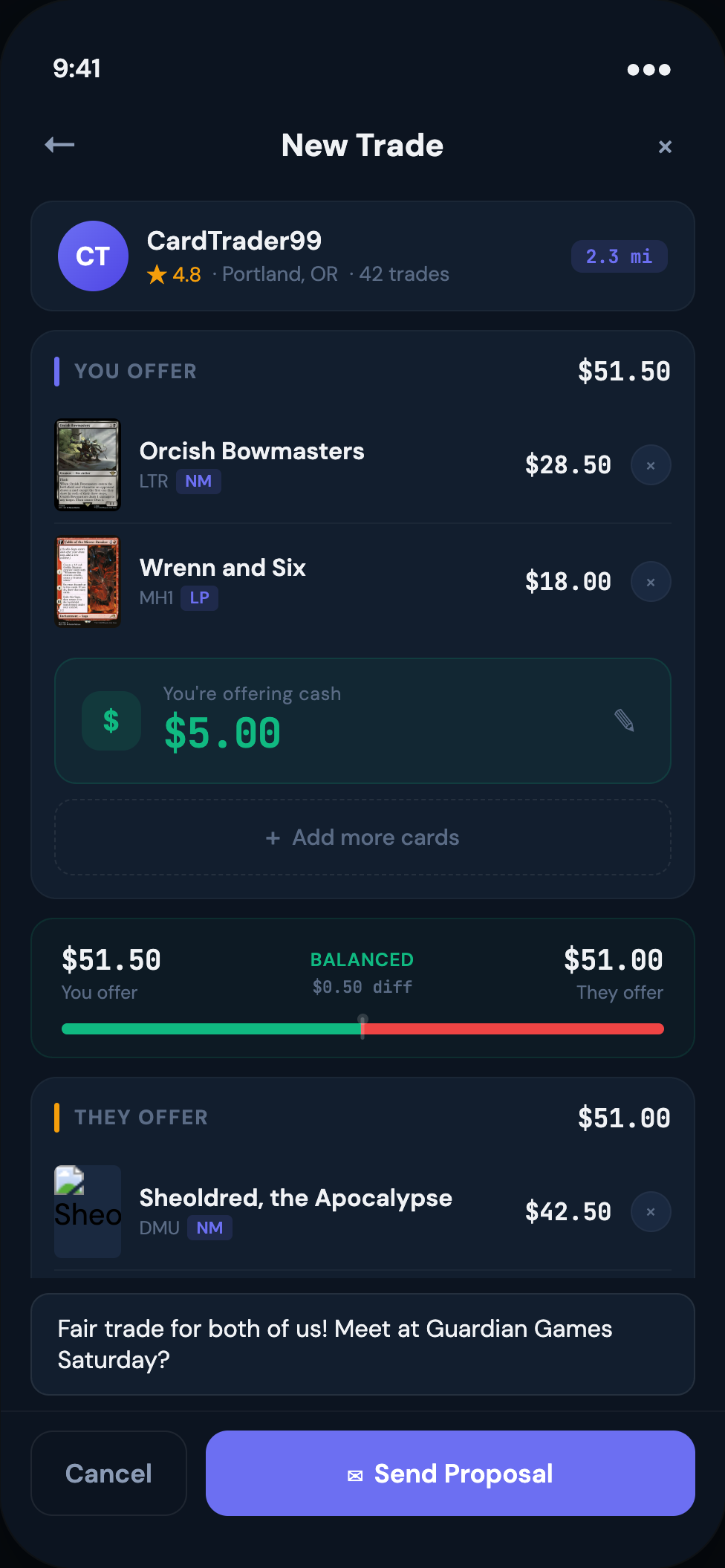 TUKAR trade proposal screen with a green and red value balance bar showing a fair trade